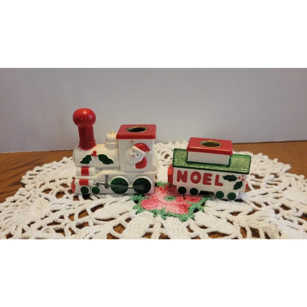 VTG Christmas Mini Taper Candle Holder Train Noel Santa Claus Indoor Decorations